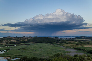 Storm cloud over rural landscape, view of Lake Balaton in Hungary