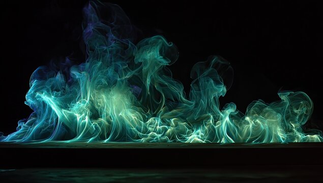 Swirling, ethereal teal and green smoke against a stark black backdrop. A glowing, abstract display - Powered by Adobe