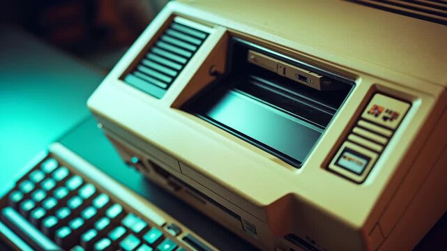 User inserts a disk into an old computer at a desk lit with warm colors in a cozy room