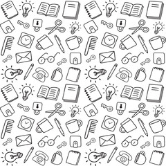 Seamless Everyday Objects Pattern &ndash; Hand Drawn Black and White Home and Office Doodles
