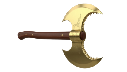 Isolated fantasy battle axe with crescent blades, golden sheen and wooden handle, detailed design
