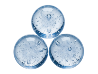Isolated Three glass orbs with water, bubbles, light refraction and a blue tinge tint