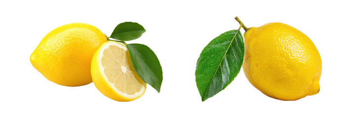 set of lemon fruits with leaf isolated on white or transparent png