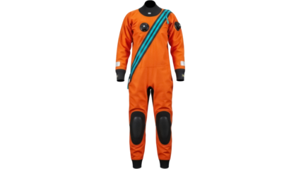 Isolated orange diving suit stands ready for action in deep waters and underwater exploration
