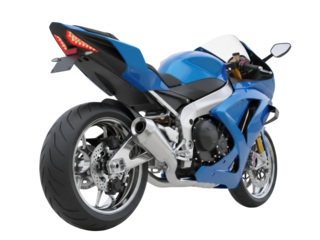 Isolated stylish blue sports motorcycle seen from the rear angle on a clean backdrop