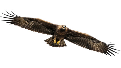 Isolated Golden Eagle soaring with wings spread in flight, a majestic predator on display