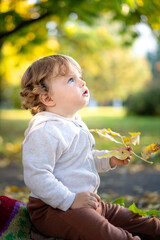Portrait of happy little boy playing by himself in the park. Colorful fall outdoors