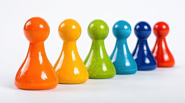 Six colorful wooden game pawns in a neat row, symbolizing diversity