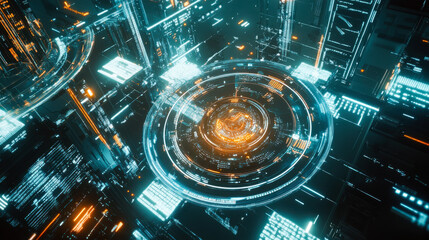 Futuristic cityscape featuring glowing technological structures and data visualizations in a vibrant digital environment