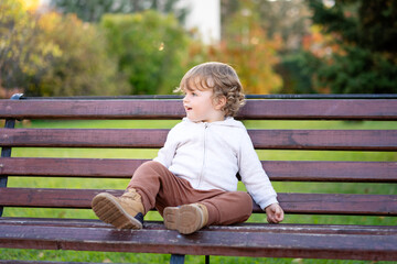 Portrait of happy little boy playing by himself in the park. Colorful fall outdoors