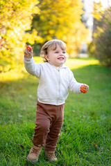 Portrait of happy little boy playing by himself in the park. Colorful fall outdoors