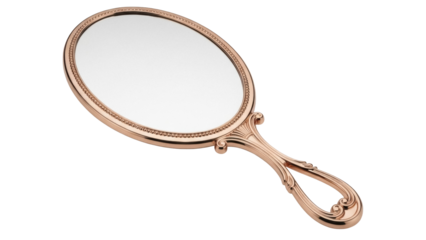 Isolated ornate, decorative, golden hand mirror for cosmetics and grooming on background