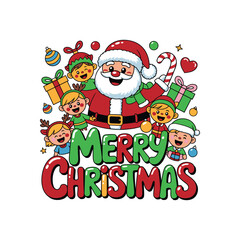 Cute Merry Christmas Cartoon with Santa and Happy Elves – Festive Holiday Vector Illustration