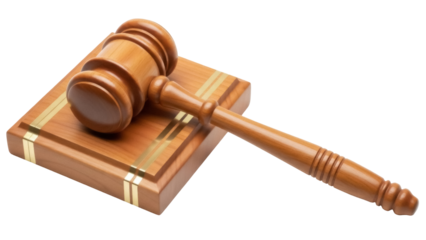 Isolated wooden gavel and striking block for making decisions or selling at auction with no background