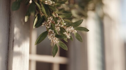 Close-up of a branch of a plant with small white flowers and green leaves.
