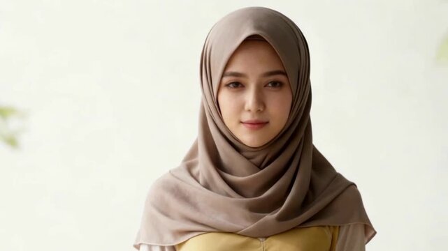 a beautiful young Muslim woman wearing a soft brown hijab and a modest beige-yellow outfit
