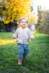 Portrait of happy little boy playing by himself in the park. Colorful fall outdoors