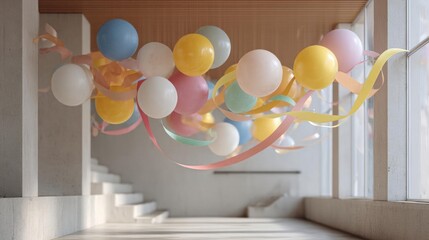 Bunch of colorful balloons hanging from the ceiling in an empty room with large windows on the right side.