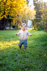 Portrait of happy little boy playing by himself in the park. Colorful fall outdoors