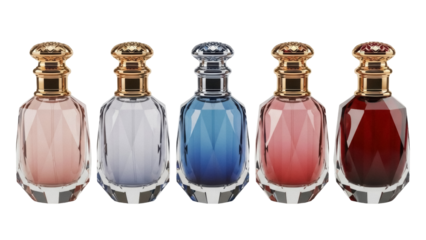 Isolated collection of five colorful vintage-style glass perfume bottles with ornamental caps