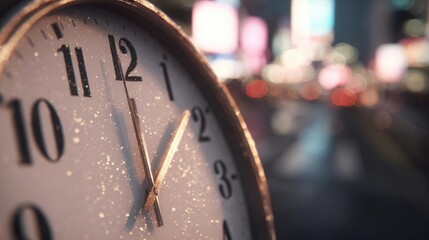 Close-up of a clock face with a blurred background of a city street at night. the clock face is round and has a white background with black numbers and hands.