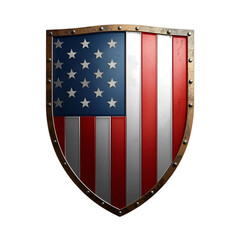 Patriotic Shield Emblem: A weathered emblem, with the bold flag of the United States emblazoned upon its face, symbolizing strength, protection, and the enduring spirit of a nation.