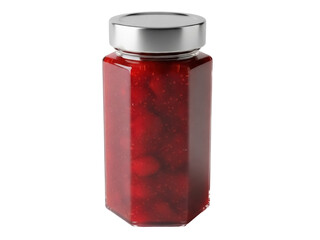 Isolated jar of red strawberry jam, marmalade, or fruit jelly, with a metallic lid, no background