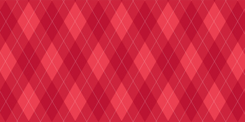 Christmas rhombus seamless pattern. Xmas red plaid texture with gold line. Argyle geometric diamond abstract pattern. Christmas design wrapping bg. Vector illustration isolated on red background.