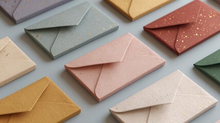 Group of small envelopes of different colors and sizes arranged in a scattered manner on a light blue background.