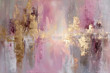 Abstract brushstroke painting with shades of pink, gold and gray, creating a blurred, luminous effect