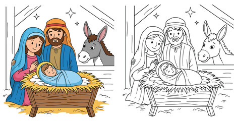 Christmas nativity scene vector illustration with coloring page outline featuring Mary Joseph Baby Jesus and donkey in stable cute cartoon holy family doodle for kids education