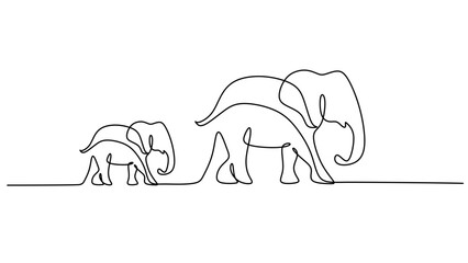 One Line Drawing of Mother and Baby Elephant Together