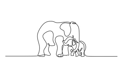 Continuous Line Art of a Mother Elephant with Her Baby