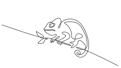 One Line Drawing of a Chameleon on a Tree Branch
