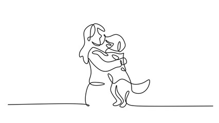 One Line Art of a Woman Hugging Her Pet Dog