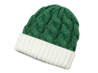Isolated knitted beanie with cable pattern in green and white, winter headwear item