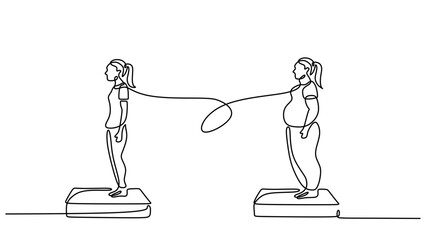 One Line Art of a Weight Loss Transformation on a Scale