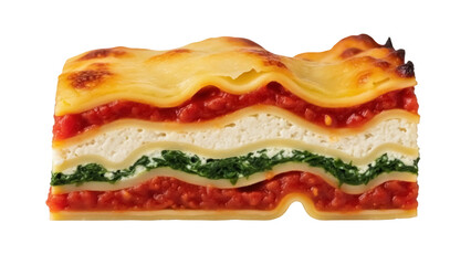 Isolated slice of rich lasagna with layers of meat, cheese, spinach, and tomato sauce