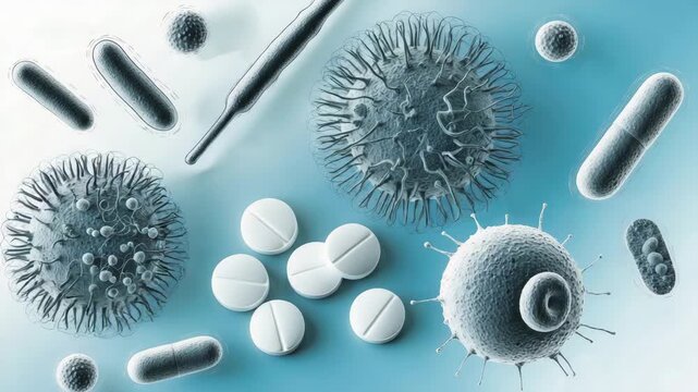 Microorganisms and medications interact in a detailed laboratory study of bacterial and viral behavior under observation