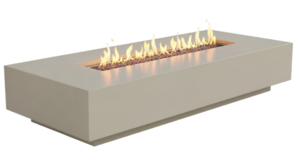Isolated gray modern fire pit or fire table with flames burning, an outdoor focal point