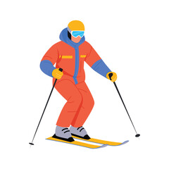 Fototapeta premium Vector illustration of skiing. Cartoon scene of a man dressed in a warm suit, hat, goggles, gloves, skiing down with ski poles isolated on white background. Winter sport. Ski racing. Downhill.