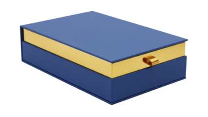 Isolated decorative blue and golden storage box with pull handle ready for organization needs