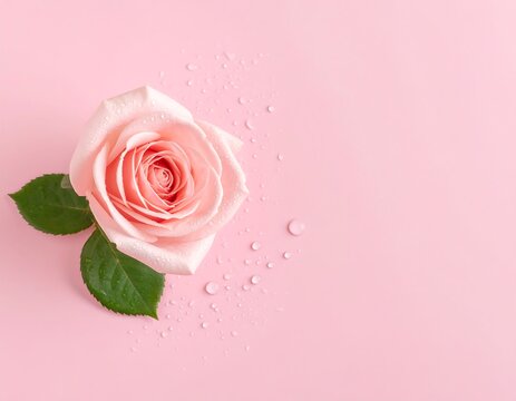 Close-up of a delicate pink flower with green leaves, accented by water droplets, on a matching pink background - Powered by Adobe