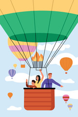 Vector illustration of a hot air balloon flight.Cartoon scene of mom, dad, son flying on a hot air balloon in a basket, in the sky with clouds,balloons of different sizes isolated on white background.