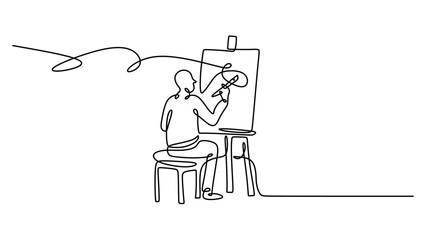 Continuous Line Drawing of an Artist Painting on a Canvas