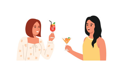 Vector illustration of cheerful girls drinking cocktails.Cartoon scene of brown-haired and brunette girls in stylish outfits, talking and drinking cooling fruit cocktails isolated on white background.