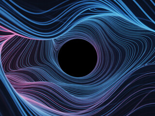 Stunning futuristic digital data flow design with glowing neon lines forming a modern wormhole around a dark void, perfect for tech backgrounds.