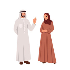 Vector illustration of smiling Arab man and woman.Cartoon scene man with raised hand, in keffiyeh, long buttoned shirt, woman in hijab, dress isolated on white background.Traditional Islamic clothing.