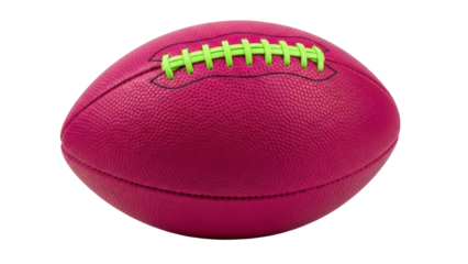 Isolated American football ball, hot pink color, green laces, oval shape on simple backdrop