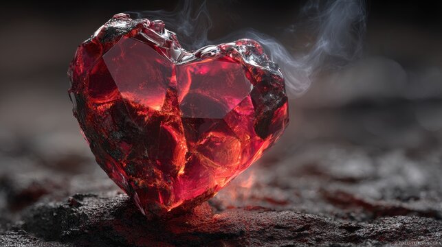 Glowing red crystal heart with smoke resting on dark, rocky ground.